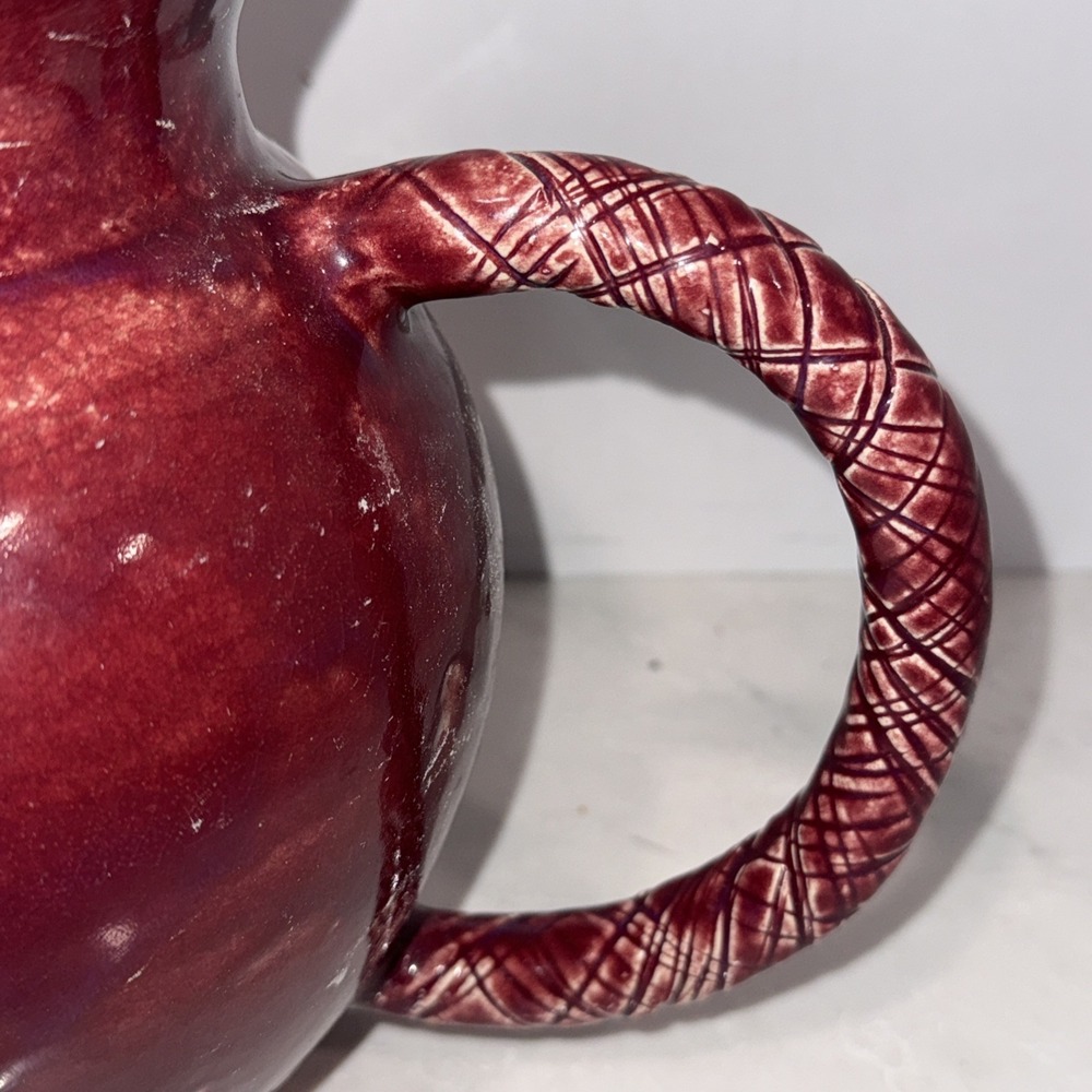 Red Ceramic Pitcher With Thatched Handed - Picture 3 of 12